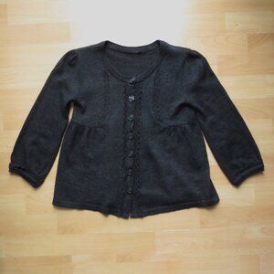 H&M Grey Wool Blend Feminine Button Cardigan Sweater with Ruffles